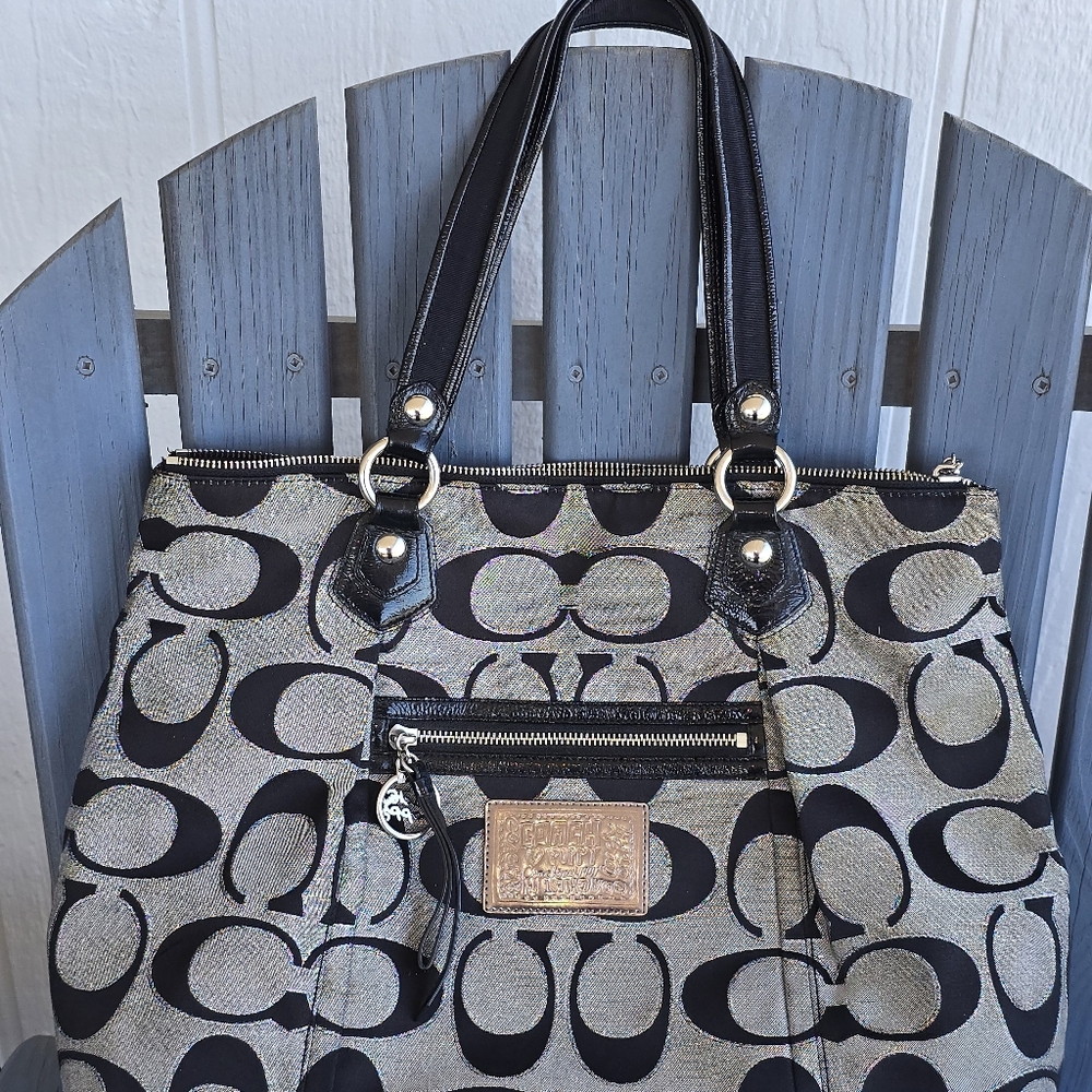 Coach Poppy Black and Silver Signature Patterned Tote 17.5" wide x 13" high x 7"